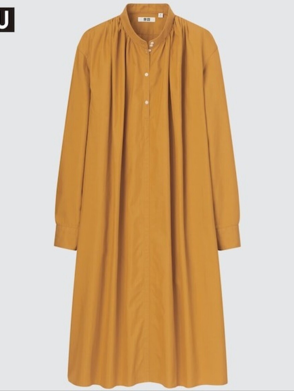 UNIQLO Mustard Gathered Button-Front Long Sleeves Cotton Shirt Dress Smal